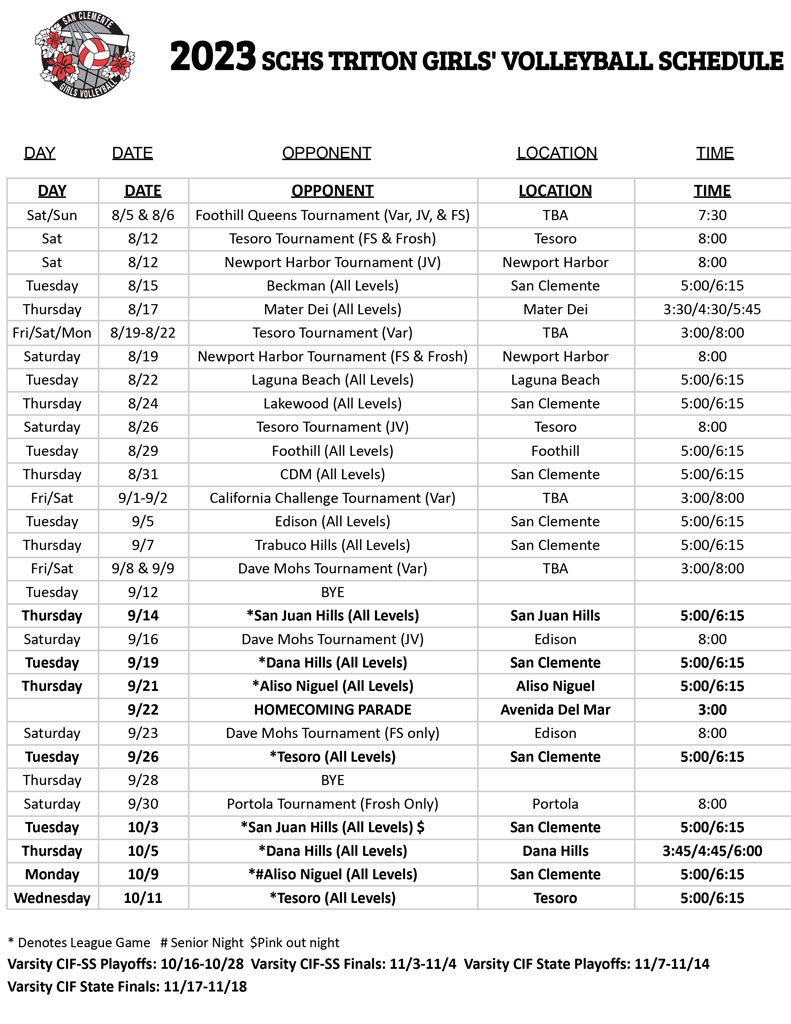 Schedule SC Girls Volleyball